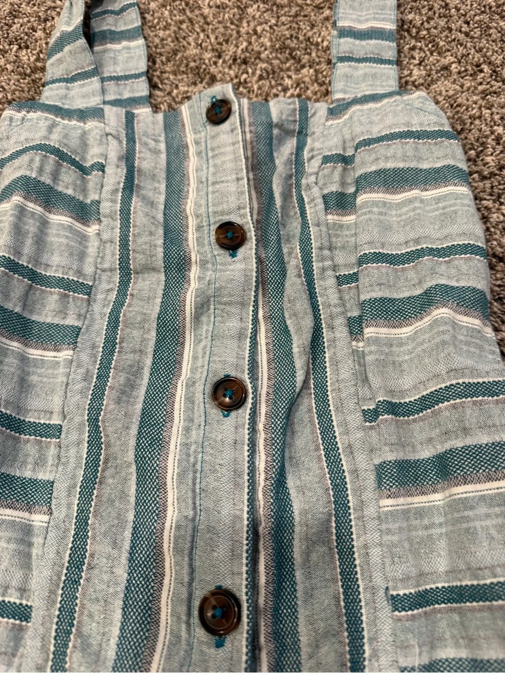 Roxy Striped Button Front Mini Dress Small Blue White Cotton Sleeveless Pockets - Picture 3 of 15